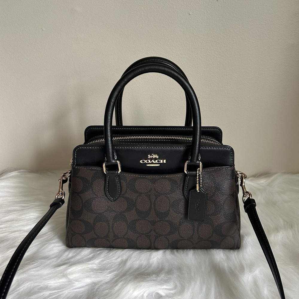 Coach Mini Darcie Carryall Brown Black Signature Canvas Leather Excellent - Picture 1 of 15